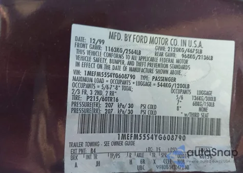 2000 Mercury Sable Ls Premium from USA, damaged, VIN 1MEFM55S4YG608790